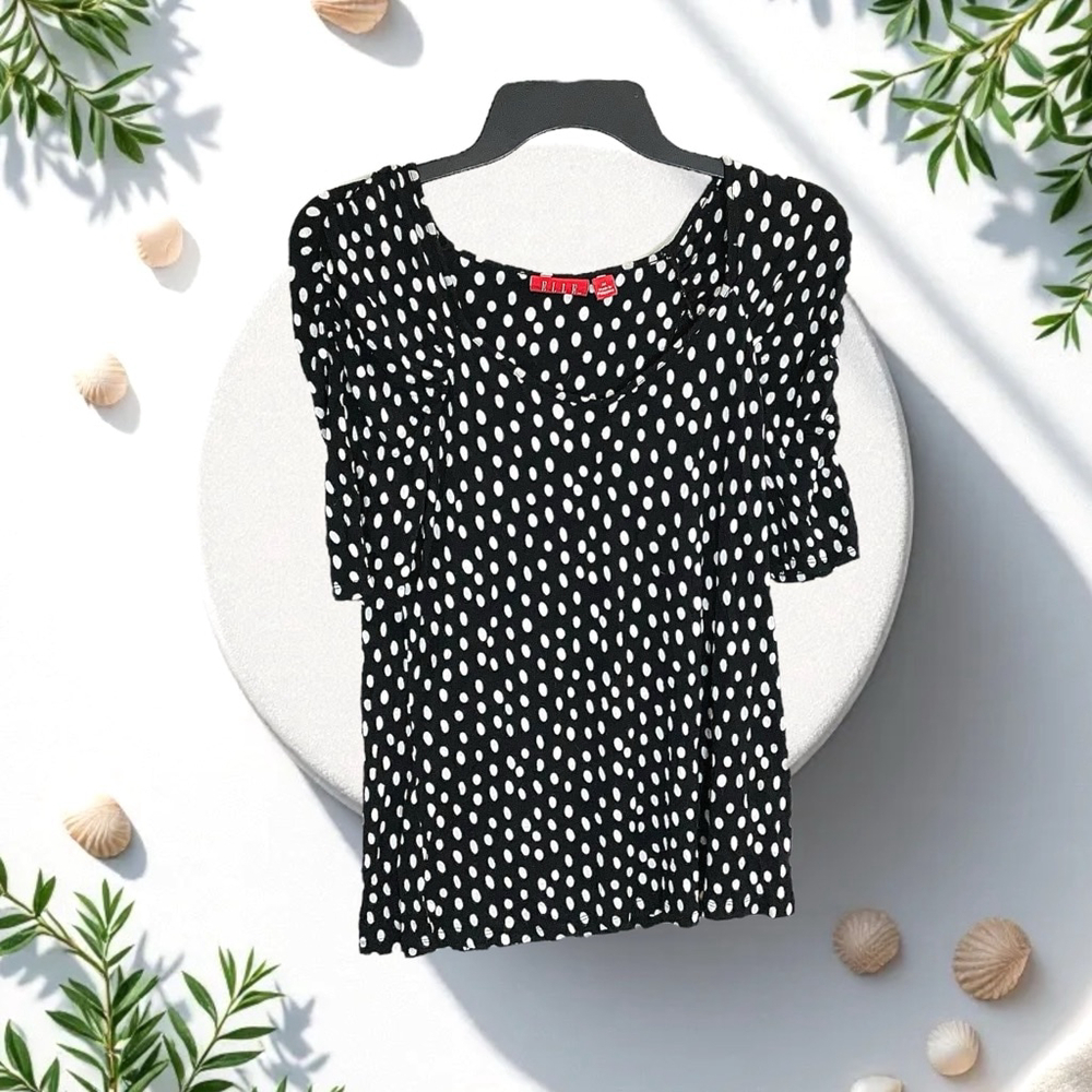 Elle Black w White Polka Dots Gathered Short Sleeve Stretch Knit Shirt Wm Medium